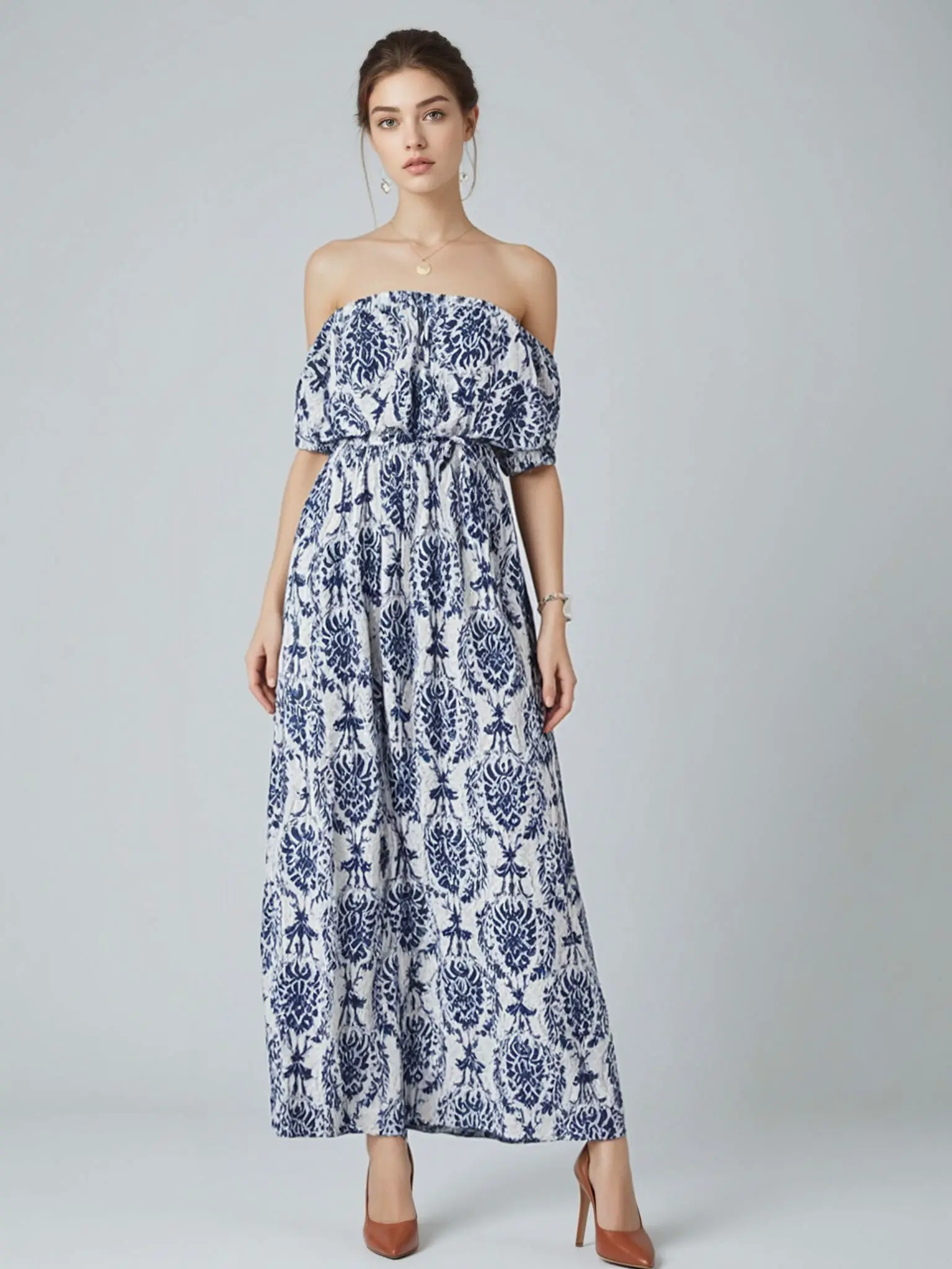 Women's Strapless Boho Maxi Dress in Vintage Floral Print, Cute Rayon Summer Dress with Ruffle Bust for Vacation, Maternity, Watch Party, Casual, Fabric, Ruffled, Soft, Easter, Brunch Outfit Ideas, Hippie Style