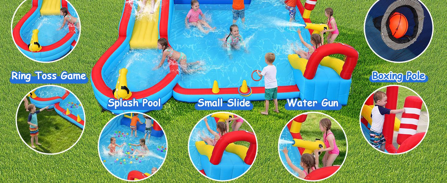 Whubefy Inflatable Bounce House, All-in-One Water Slide Play Park, Wet & Dry Use, Giant Jumping Area, Climbing Wall, Water Guns, Boxing Bag, Ring Toss Games, Included Air Blower, Outdoor Fun, Perfect Birthday Party Gift for Kids Whubefy Inflatable Bounce House, All-in-One Water Slide Play Park, Wet & Dry Use, Giant Jumping Area, Climbing Wall, Water Guns, Boxing Bag, Ring Toss Games, Included Air Blower, Outdoor Fun, Perfect Birthday Party Gift for Kids