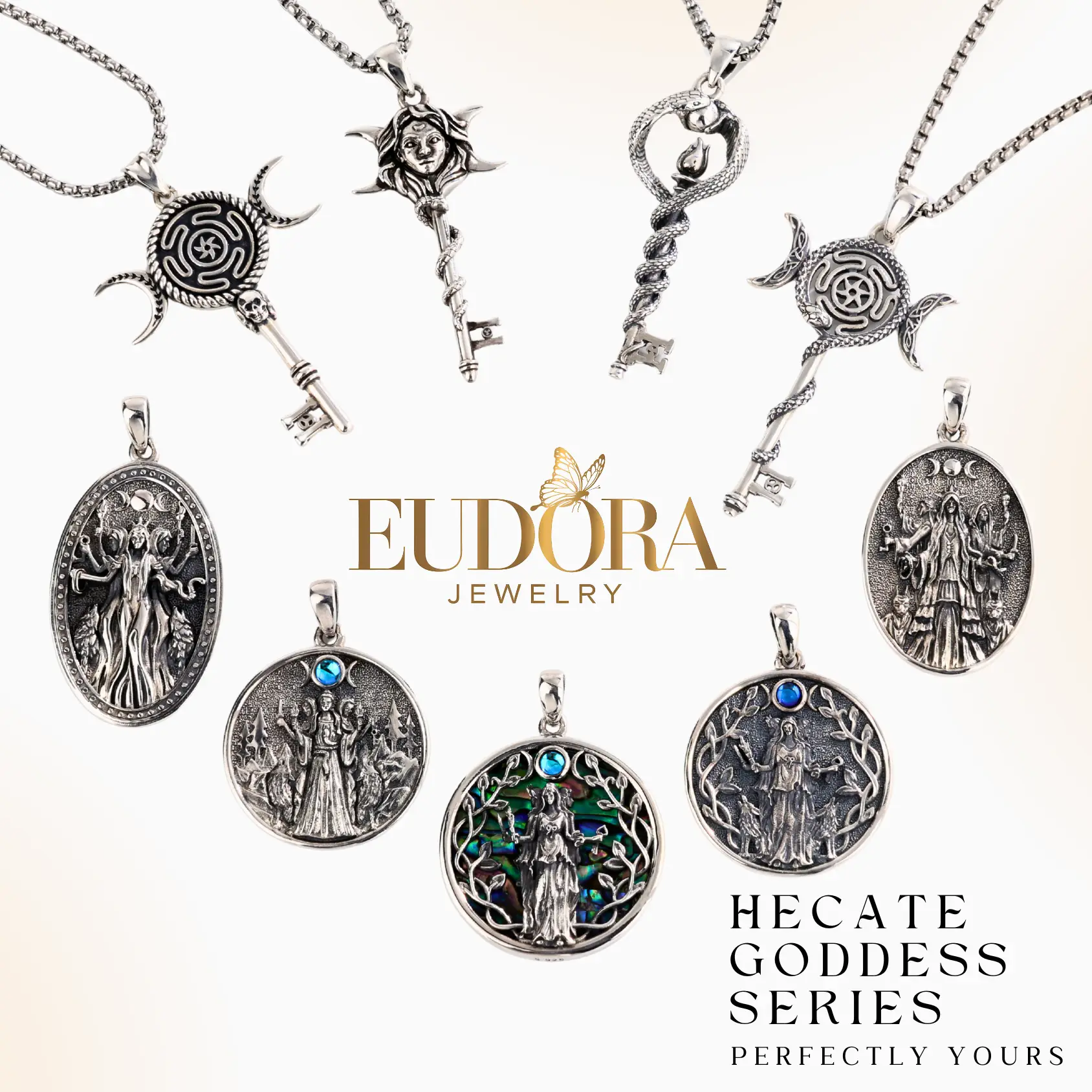 EUDORA Sterling Silver Hecate Goddess Necklace Collection, Triple Moon Goddess Pendant, Divine Feminine Amulet, Witchcraft Snake Key, Witchy Jewelry G