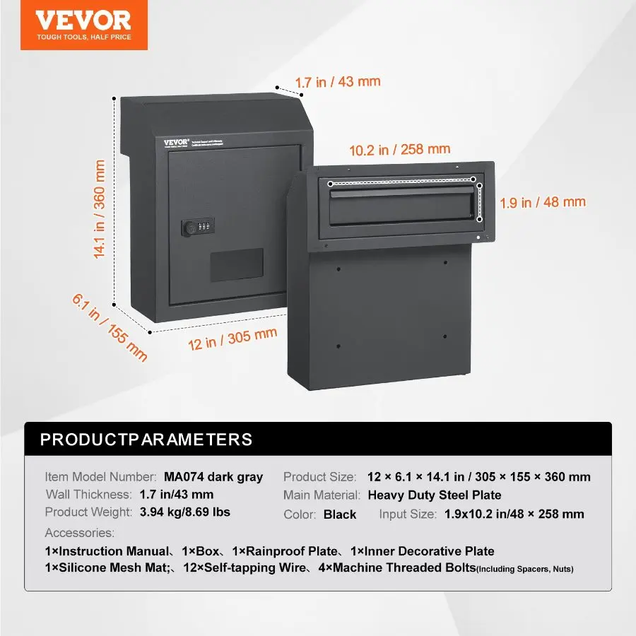 【toolupgrade】VEVOR Sturdy Metal Key Locker, Combo Lock, Mountable on Wall, 12'', Charcoal Gray, Ensures Safe Keeping of Mail and Keys