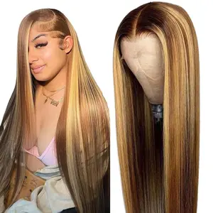 Gefily[14A]Ombre Lace Front Wig Human Hair 32 Inch Honey Blonde Wig Human Hair 13x6 HD Lace Frontal Straight Wigs Human Hair Pre Plucked 200 Density 4/27 Brown Highlight Wigs Visit the Myzebo Store