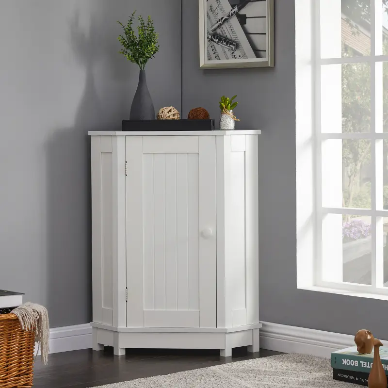 White Bathroom Cabinet Triangle Corner Storage Cabinet with Adjustable Shelf Modern Style MDF Board (Old SKU:WF 291477 AAK)