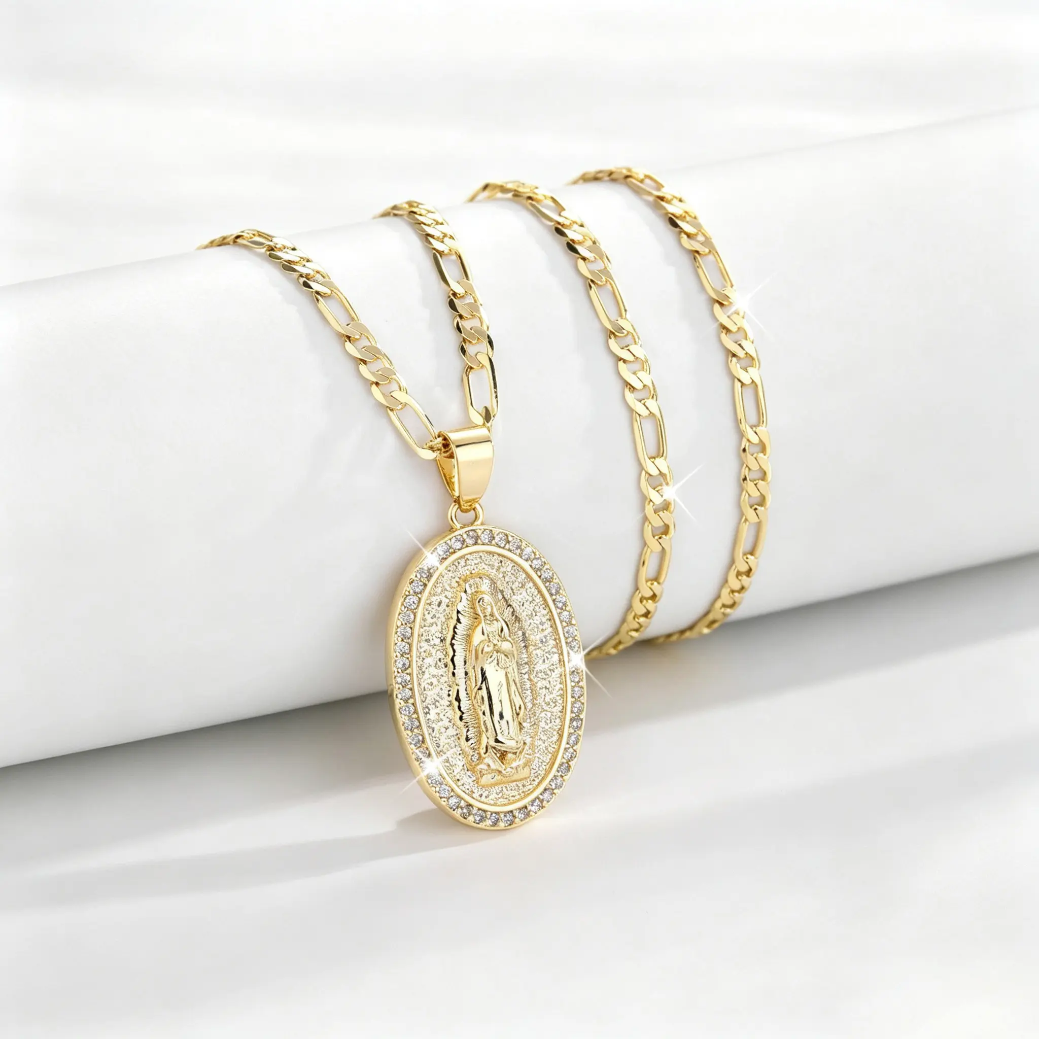 14K Gold Plated Virgin Mary Medal Pendant Necklace, Religious Cross figaro Chain with durable Cubic Zirconia – Trendy Faith Jewelry for Women Girls, All-Match Exquisite Gift for Birthday, 45cm + 5cm Extender