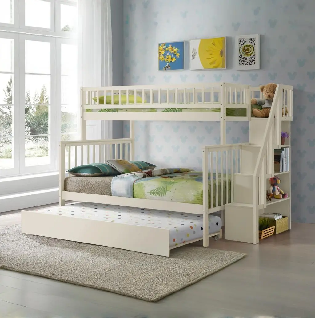 Twin over Full Stairway Bunk Bed with Trundle for Kids Teens, Cream Finish, Solid Wood Frame, Space-Saving Design, Built-in Ladder, Safety Guardrails, Perfect for Shared Bedroom, Guest Room, Dormitory, Includes Pull-Out Trundle Bed