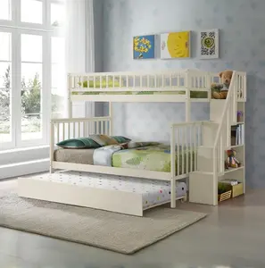 Twin over Full Stairway Bunk Bed with Trundle for Kids Teens, Cream Finish, Solid Wood Frame, Space-Saving Design, Built-in Ladder, Safety Guardrails, Perfect for Shared Bedroom, Guest Room, Dormitory, Includes Pull-Out Trundle Bed
