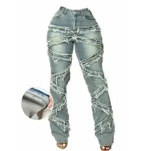 Women's Casual Y2K Streetwear Jeans 90s High Stretch Distressed Frayed Tassel Hip Hop Denim Pants with Slant Pockets for Everyday Wear Fashion Trend - Bottoms