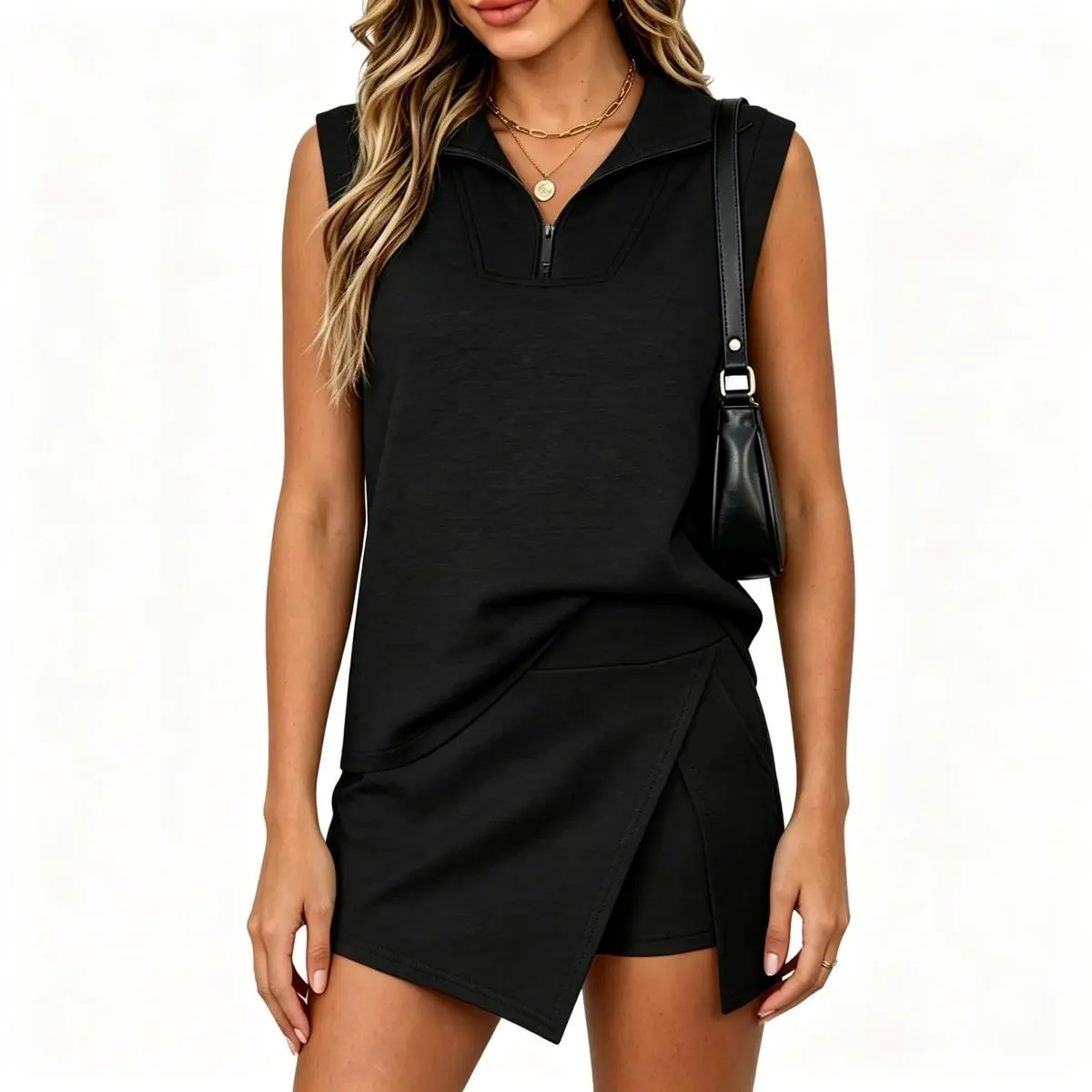 Lunvique Women's 2-Piece Sleeveless Drape Skirt Set - Athletic Beach Sweatshirt Matching Outfit, Casual Tennis Skort for Day Travel Vacation