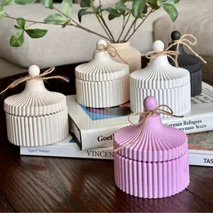 Ribbed Concrete Candle Jar – Cement Vessel & Jewelry Holder Box
