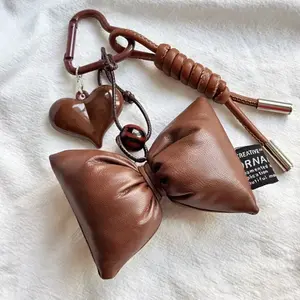 Brown Miu Series Bag Charm Textured Leather Stylish High End Handmade Autumn Winter Brown Bag Pendant with Bow and Heart Accents