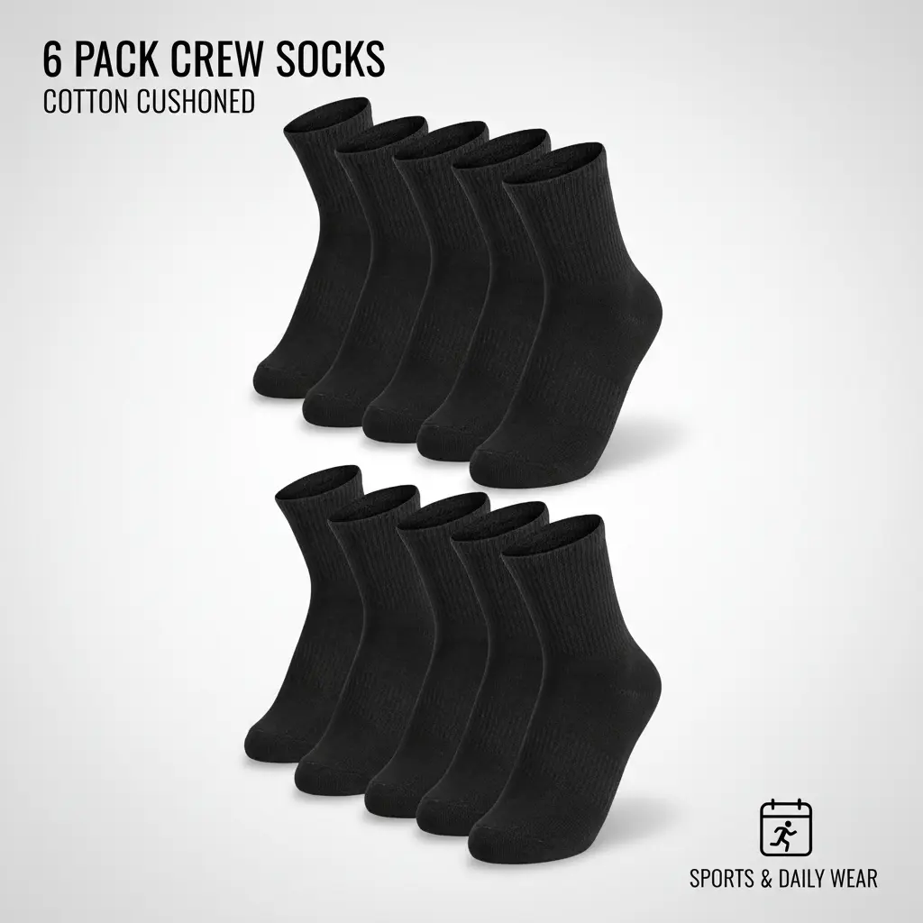 6 Pack Unisex Cotton Crew Socks, Cushioned Casual Athleisure Socks for Sports and Everyday Wear, Athleisure Crewsocks, Casual Crew Socks