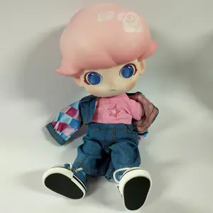 One-eighth movable doll clothing: pink blue plaid denim jacket, Barbie pink short sleeves, jeans