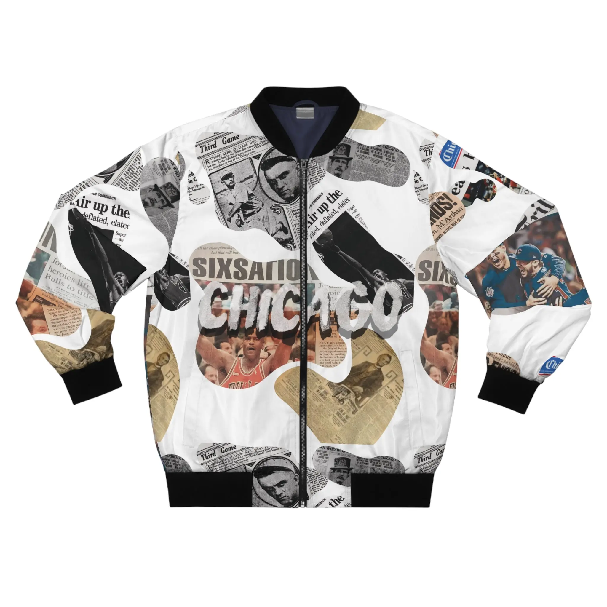 Chicago Newspaper Cutout Kimante All White Bomber Jacket