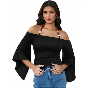 Women's Off The Shoulder Halter T Shirt Ruched Bell Half Sleeve Vintage Going Out Tops