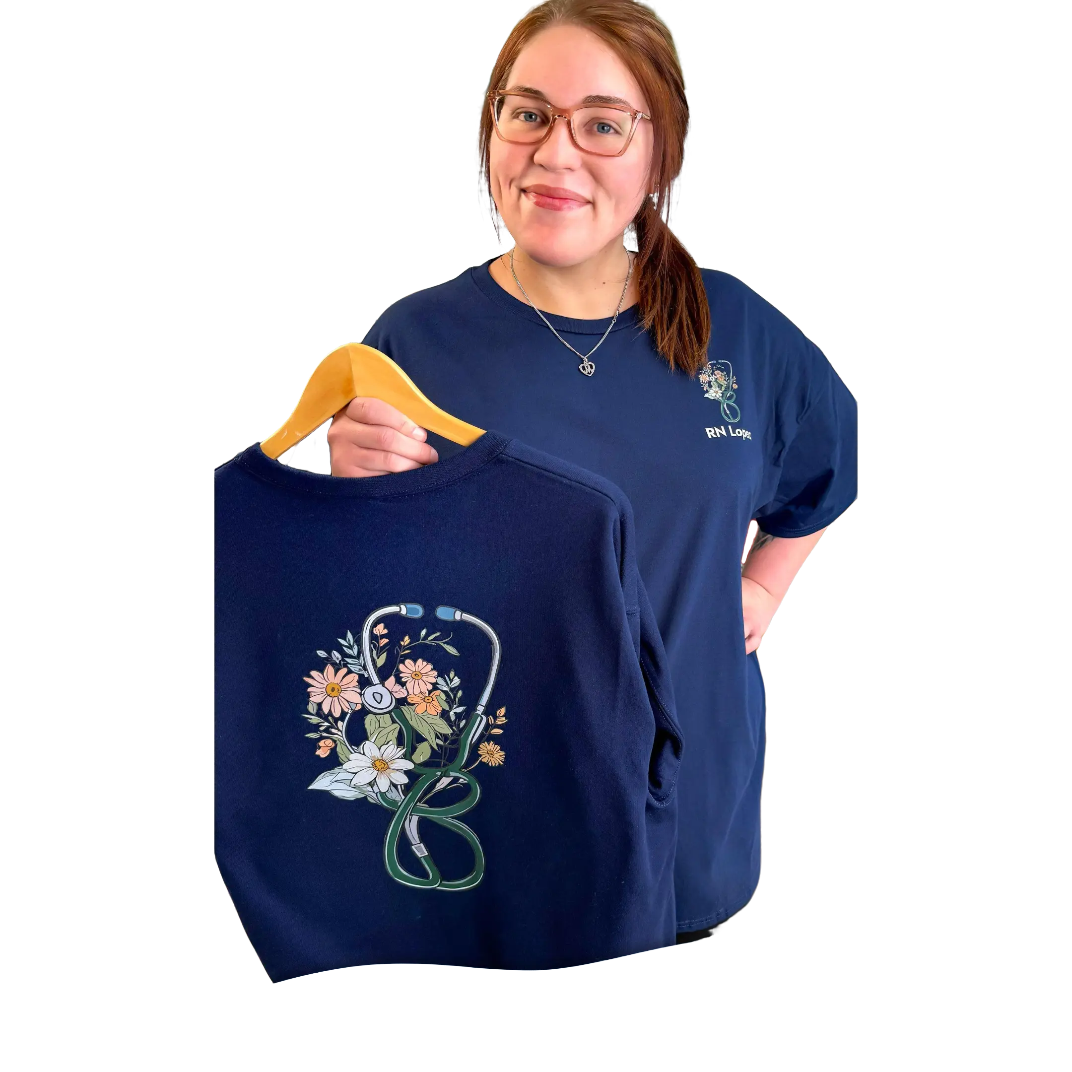 Tees2urdoor Women's Floral Stethoscope Graphic T-Shirt, Casual 100% Cotton Short Sleeve Everyday Tee for Nurses