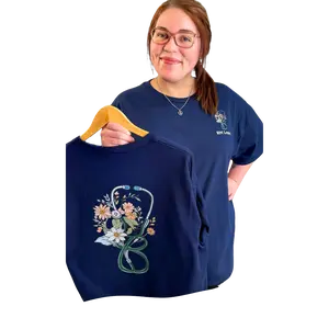 Tees2urdoor Women's Short-Sleeve Navy Nursing T-Shirt - Floral Stethoscope Graphic Casual Nursing Top for Nurses, Spring Wear