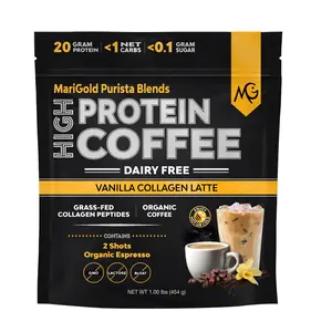 MariGold High Protein Coffee - Vanilla Collagen Latte  1Lb - Grass-Fed Type I & III Collagen Peptides, Dairy-Free Energy, Organic Espresso, Non-GMO