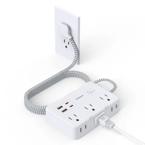 JcBlaon Multifunctional Surge Protector Extension Socket - Flat Plug, 6 Multiple Sockets, 2 USB-C, 2 USB-A Ports, 5Ft Braided Nylon Cord, Fire-Resistant PC Shell, Wall Mount, Wall Outlet Extender for Bedroom, Office, College Dorms, Tight Spaces