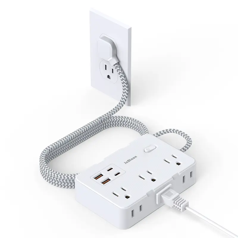 JcBlaon Multifunctional Surge Protector Extension Socket - Flat Plug, 6 Multiple Sockets, 2 USB-C, 2 USB-A Ports, 5Ft Braided Nylon Cord, Fire-Resistant PC Shell, Wall Mount, Wall Outlet Extender for Bedroom, Office, College Dorms, Tight Spaces