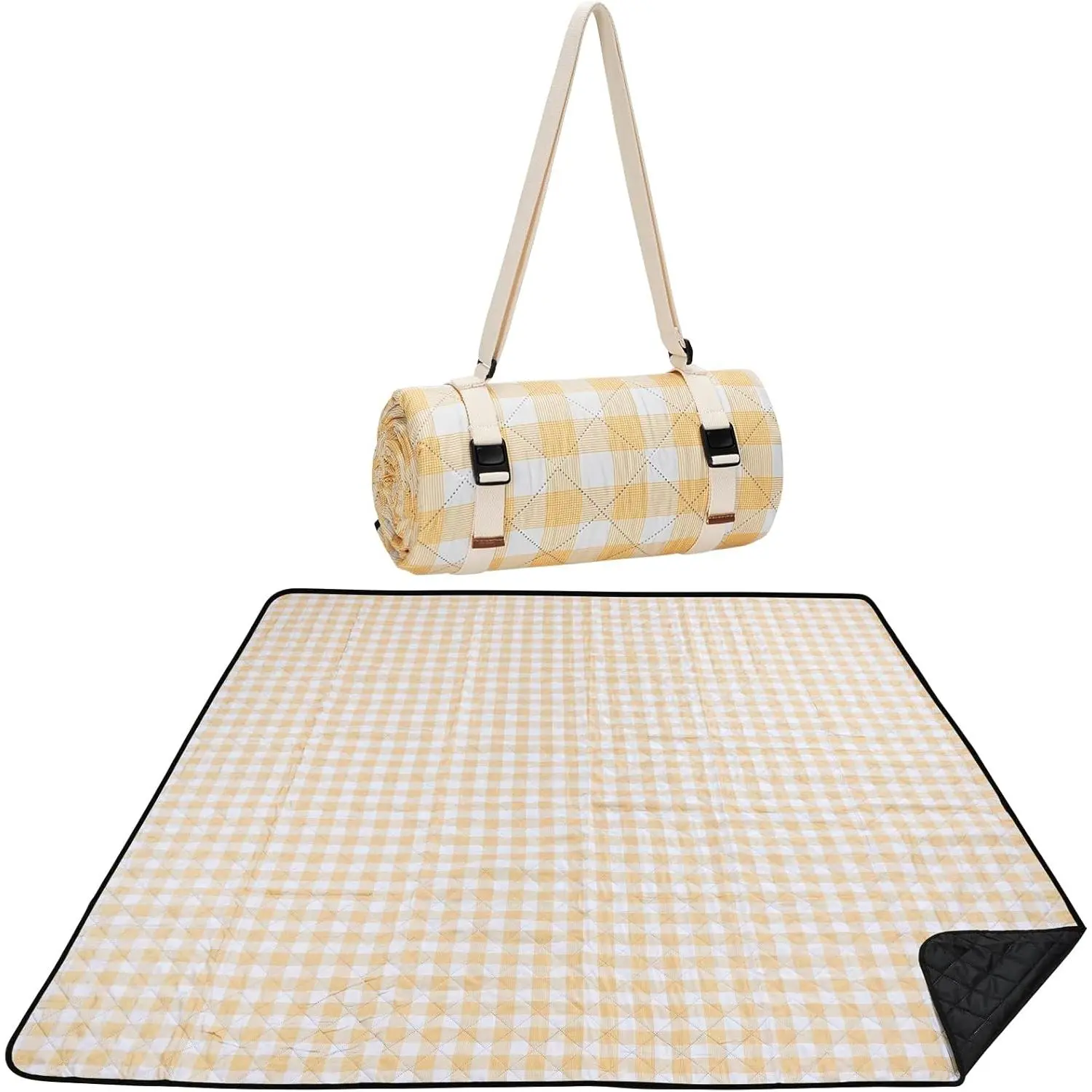 Waterproof Polyester Picnic Blanket, 80x80 in Classic Yellowcheck Mat for 5-8 People, Machine Washable for Sports Events, Hiking & Backyard Picnics, with Quick Release Buckle, Checkered, Adjustable, Outdoor Fun, Fits 6-8