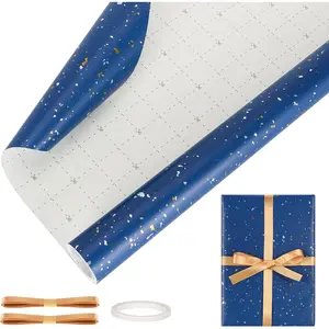 Navy Blue Wrapping Paper Set with Ribbons 17 In X 33 Ft  Wrap Roll Navy Blue  Wrapping with  &  Foil Flake for Office Birthday Wedding Mother's Day Christmas