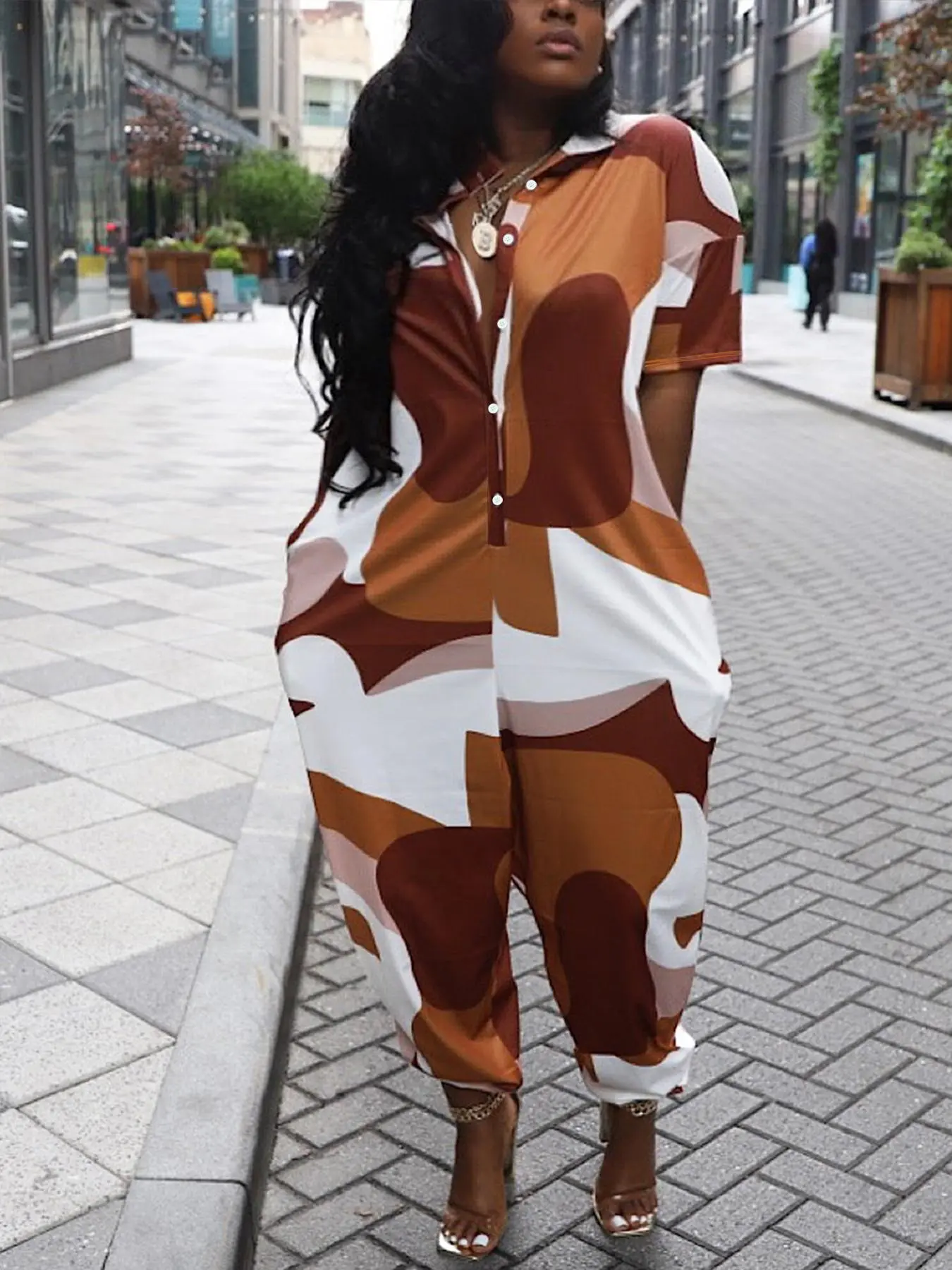 [Plus Size] Colorblock Print Button Jumpsuit, Casual Short Sleeve Loose Jumpsuit for Summer, Women's Plus Clothing for Daily Wear, Fashion Casual Jumpsuit, Womenswear