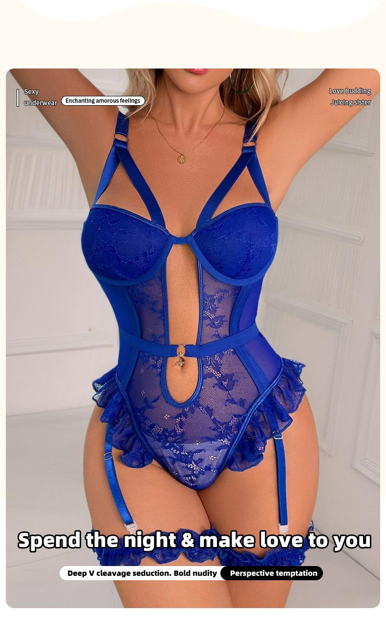 Women's French Retro Sheer Lace Lingerie Set - 3-D Cut Patchwork Jumpsuit, Bustier, Garterbelt, Flirty Teddy Bodysuit, Lady Clothes, Sleepwear, Soft on Skin Fabric, Elegant Fit, Floral Fashion, Hand Wash, Comfy Wear, Halloween Gift