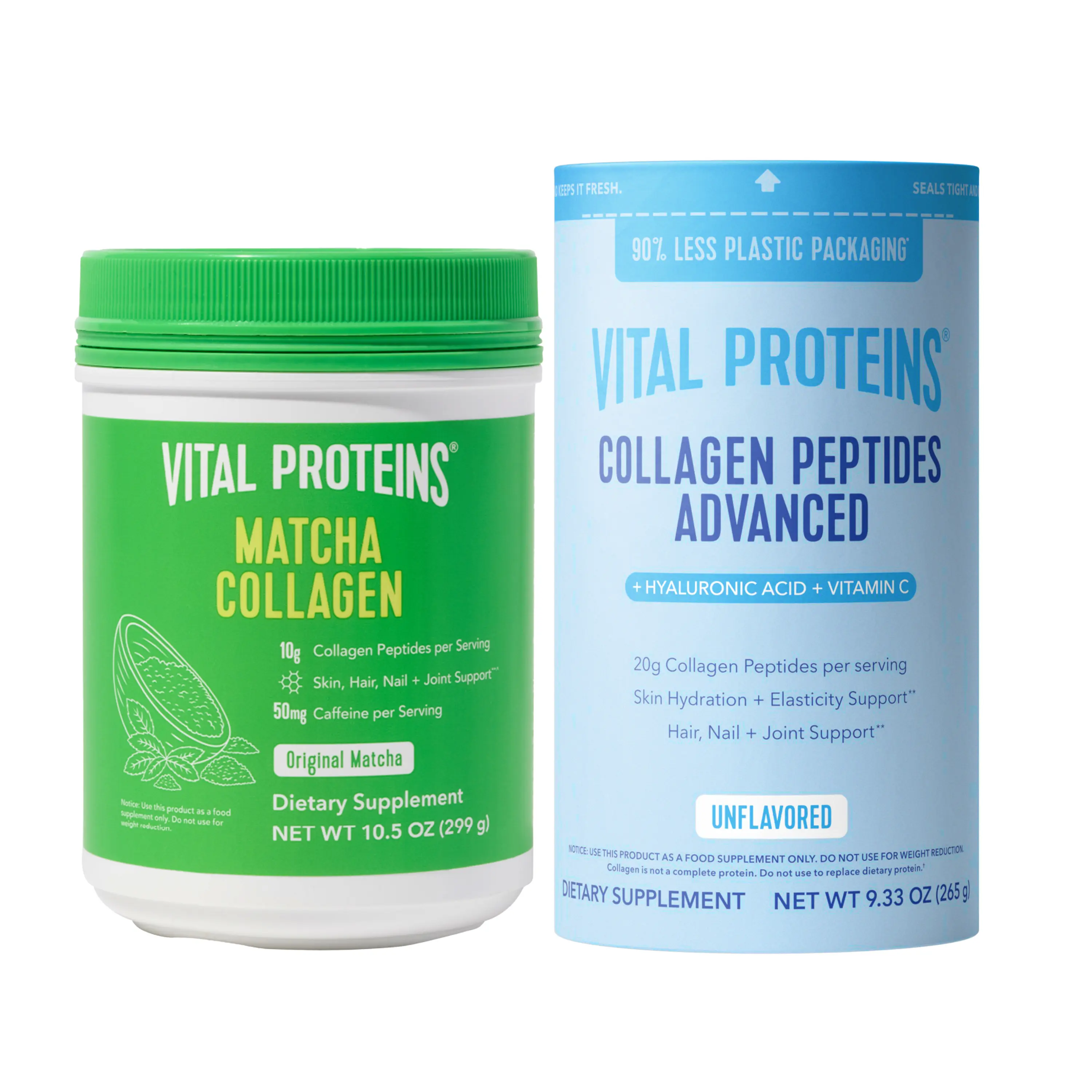 Collagen Peptides Advanced (Flavorless, with Hyaluronic Acid + Vitamin C), 9.33oz + Matcha Collagen Peptides, 10.5oz - Bundle Supplement Edible