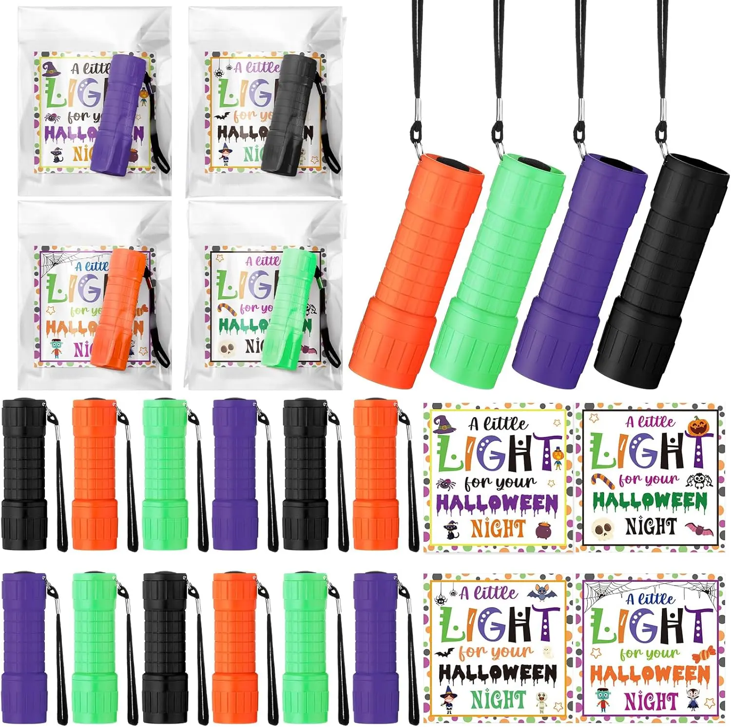 24/48 Sets Halloween Gift Mini Flashlights, 9- LED Handheld Lights with Cards and OPP Bag for Church Sunday School Party Favors, Halloween Gifts Bulk Flashlights Set for Trick or Treat Party Favors