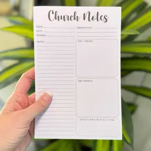 Church Notes with Name, Date, Speaker, Key Verses, Key Points, Questions/Reflections & Notes Space for Sermon Notes