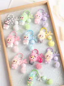 Cute Flocked Bunny Keychain with Pom Pom | Kawaii Flocked Rabbit Bag Charm, Perfect Gift for Girls, Cute Key Accessory for Bags & Keys, Fluffy Bunny Keychain