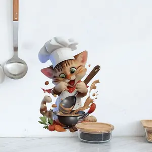 Cartoon Chef Cat Wall Sticker, Fun Kids Room Decor, Cooking Scene PVC Self-Adhesive, Bedroom Kitchen Living Room Decoration, Funny Stickers