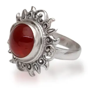 NOVICA Artisan Handmade Carnelian Cocktail Ring Sun Themed .925 Sterling Silver Red Indonesia Birthstone 'Light Of The Universe'