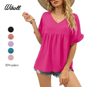 WIHOLL Womens Tops Casual V Neck Ruffle Sleeve T Shirts Babydoll Loose Fit Peplum Tops