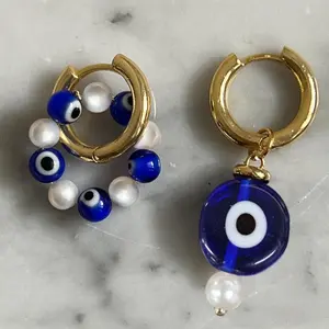 1PC Asymmetrical Evil Eye Hoop Earrings, Blue Evil Eye Beads & Freshwater Pearls, Boho Protection Jewelry for Women, Trendy Huggie Earrings for Everyday Wear, Birthday & Mother’s Day Gifts