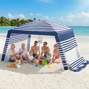 Beach Cabana, 8 * 8FT Beach Tent UPF50+ Protection, Easy Setup Beach Canopy Wind Resistant ,Compact Beach Shade Foldable Beach Tent Sun Shelter, Blue White，For Vacations,Summer Outdoor Beach Camping, Family&Friends