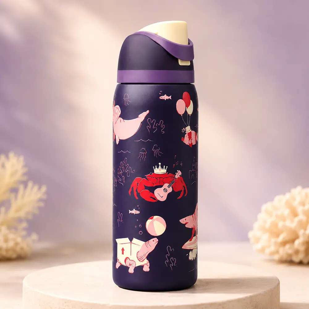 Owala Cute Crowned Lobster & Ocean Animals Insulated Water Bottle with Built-In Straw, Push-Button Lid & Carry Handle – Navy Stainless Steel Bottle for Women, Men, Work, School, Gym & Travel