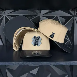 Clover plate SnapBack hat-khaki /leather