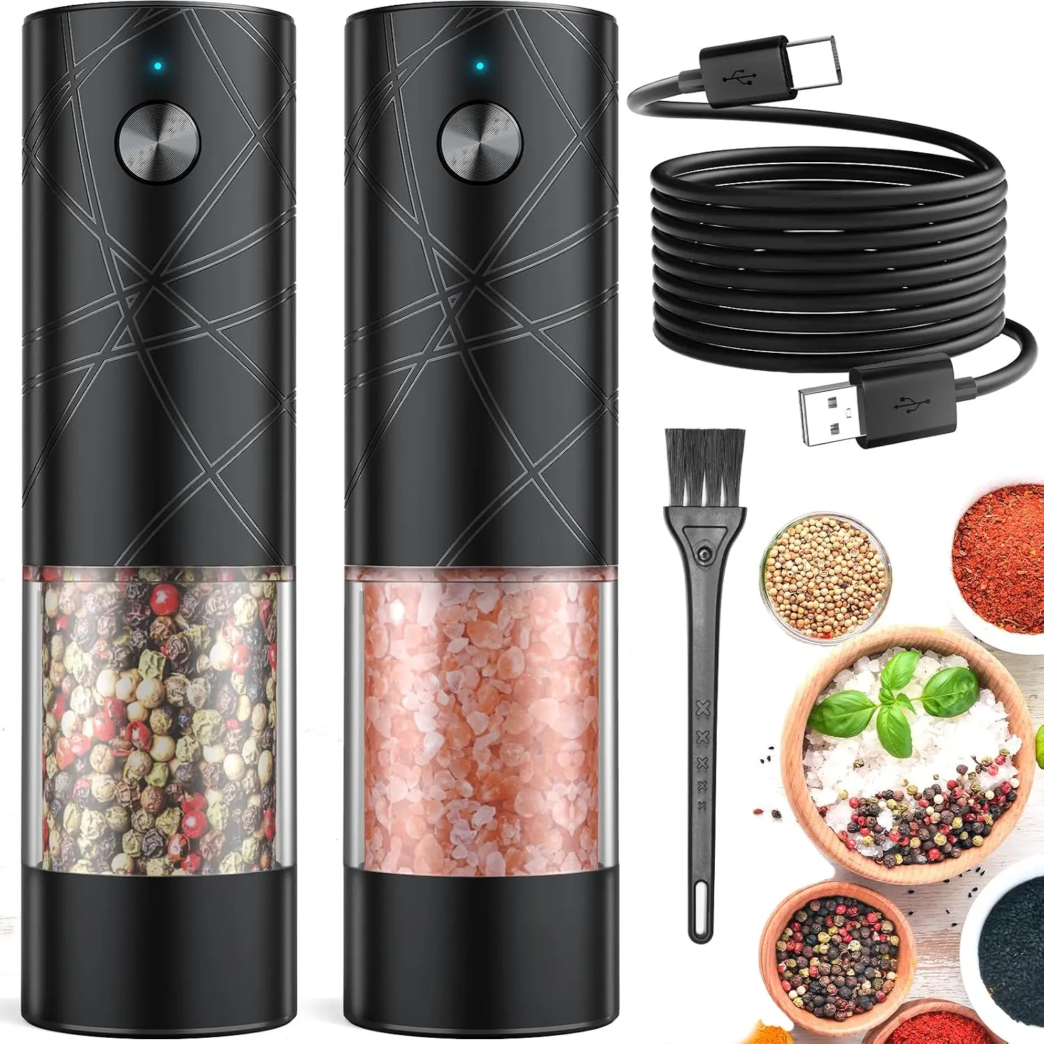 Electric Salt and Pepper Grinder Set Rechargeable 2Pack Glossy Black Warm LED Light, Adjustable Coarseness, Large Capacity Automatic Salt Pepper Mill Shakers for Kitchen, Restaurant, Outdoor