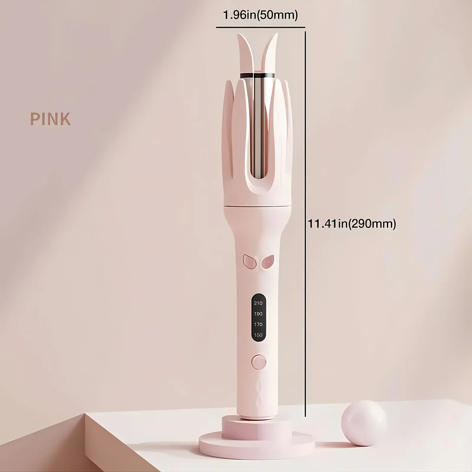 Auto-Rotating Electric Curling Iron, 28 mm, 4 adjustable temperature settings, LED display, negative ion anti-frizz hair styling tool, anti-scald, anti-tangle curling wand, easy lazy curling for home, salon, travel—women’s gift Pink Flawless