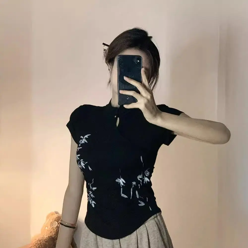 Retro Ink‑Bamboo Print Mandarin Collar Short Sleeve Top, Frog Button Slim‑Fit Curved Hem Chinese Style Blouse