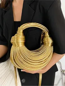 Fashion Gold Handmade Woven Bag Decoration Design Retro Heavy Shoulder Bag, Rope Knotted Pulled Noodle Bag, Ladies' Purse, Hobo Purse, Suitable For Shopping, Commuting To Work, Party Gathering.