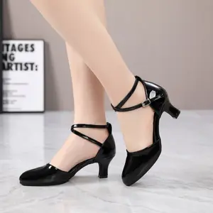 Black Glossy Womens Latin Dance Shoes with Ankle Straps, Mid-Heel (2.17") - Elegant & Lightweight for Salsa, Tango, Weddings, and Formal Events