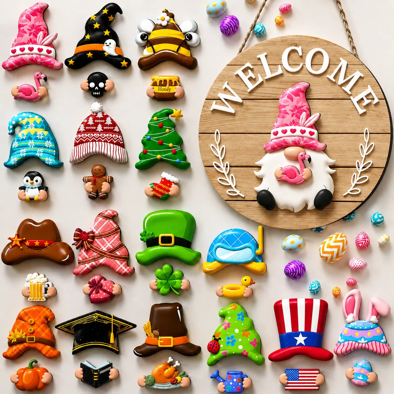 Wooden Interchangeable Gnome Welcome Sign Decoration - DIY Magnetic Detachable Hat & Season Ornament Mix-Match Set, Front Door Hanger for Home, Gnome Welcome Graphic Door Hanger