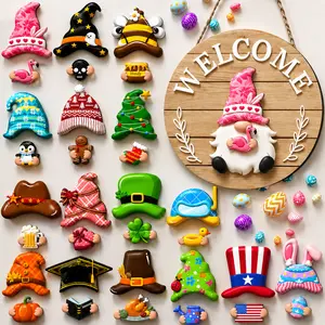 Interchangeable Wooden Gnome Welcome Sign for Home, DIY Mix & Match Magnetic Detachable Hat & Season Ornament Set, All Season Holiday Front Door Hanging Decor