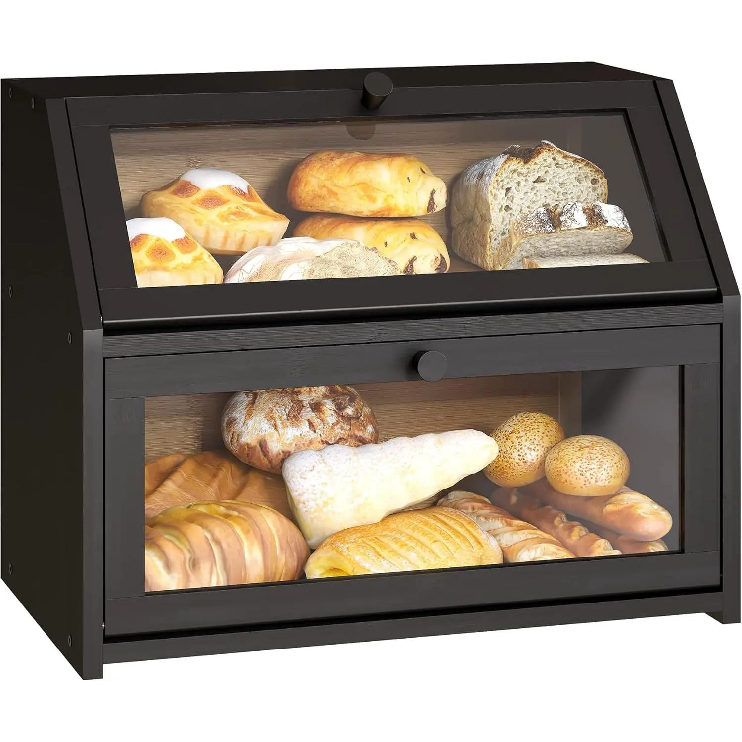 Black Wooden Double-Layer Farmhouse Bread Box - Smooth Surface Food Container, High Capacity Kitchen Countertop Produce Storage Bin for Utensils, Food Containers, High Capacity Container