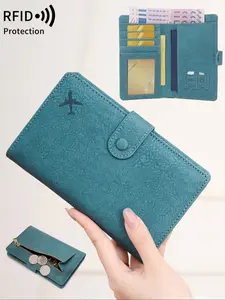 Anti-Theft Travel Passport Holder Wallet, Travel Document Holder, Airplane Design, Snap Closure, Multiple Card Slots & Coin Pocket, Durable Polyester Material