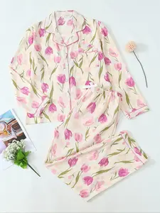 Women's Long Sleeve Pajama Set, Sweet Cute Tulip Floral Button Front Top and Pants, Casual Home Wear for Spring & Fall