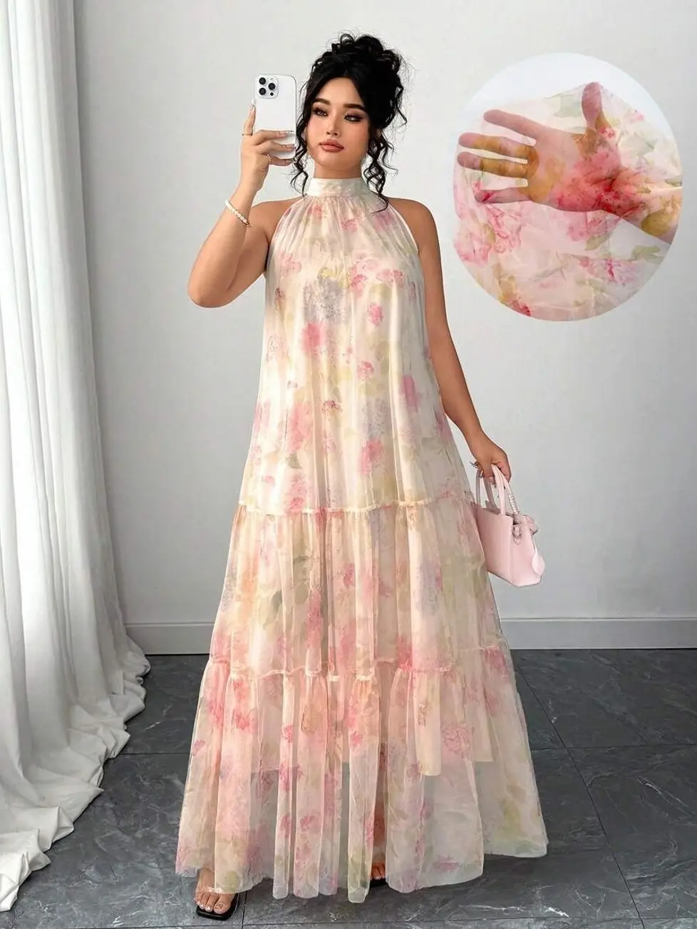 Plus Size Women's Floral Mesh Dress, Elegant Sleeveless Double Layer A-Line Midi Dress, Lightweight Summer Occasion Dress for Wedding Guest, Brunch, Vacation, Party, Date Night & Casual Wear