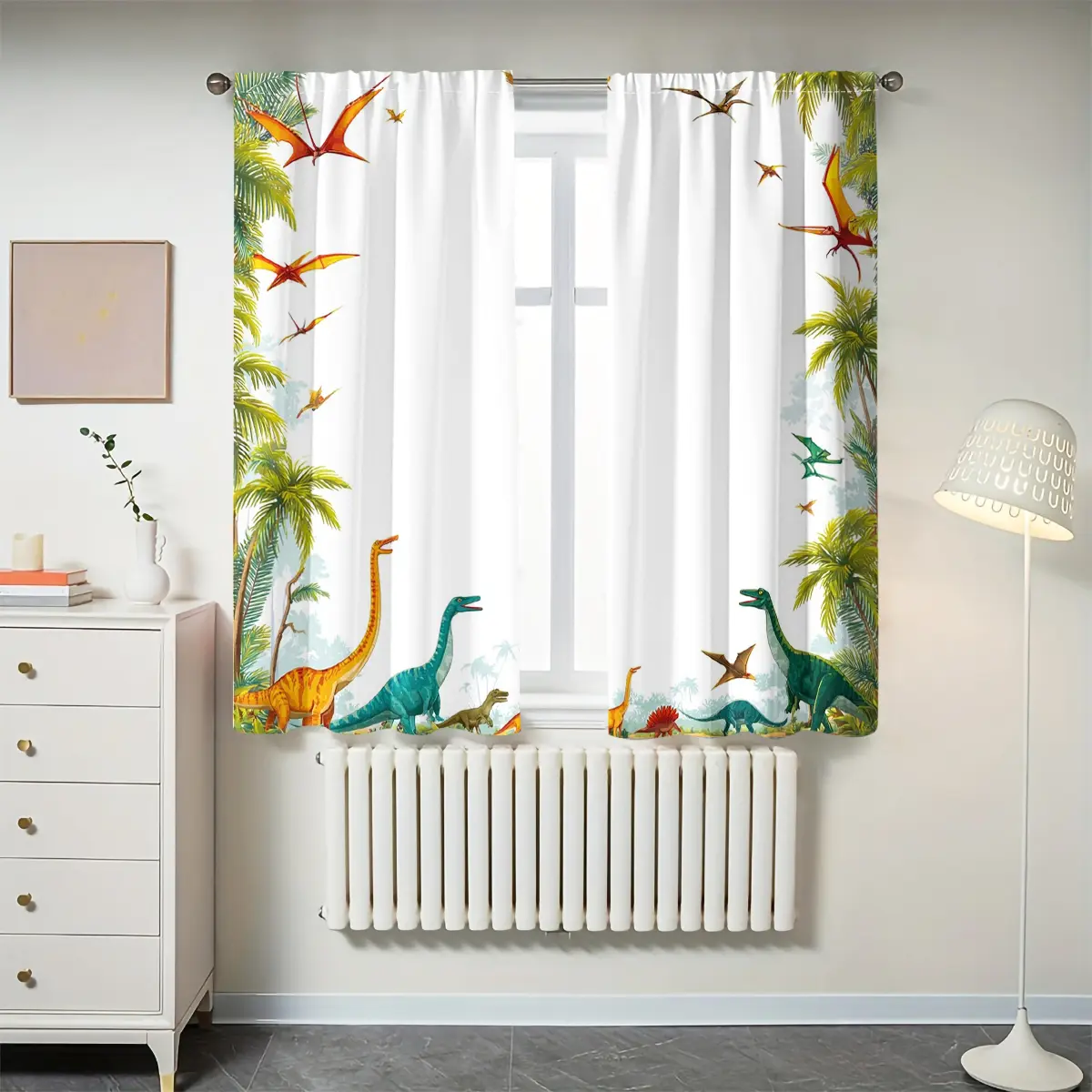 Dinosaur Pattern Print Curtain Set 2 Pieces, Home Decorative Curtain, Snowflake Design Holiday Home Decor, Suitable for Living Room Balcony Bedroom Windows