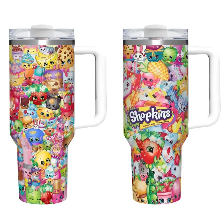 [ Gift box and straw] 40oz Stainless Steel Tumbler, 1 Count Shopkins Pattern Insulated Water Bottle, Stainless Steel Thermos, Stainless Steel Flask, Drinking Cup for Home Office School, Boyfriend Gift, Drinkware, Summer Cool Bottle